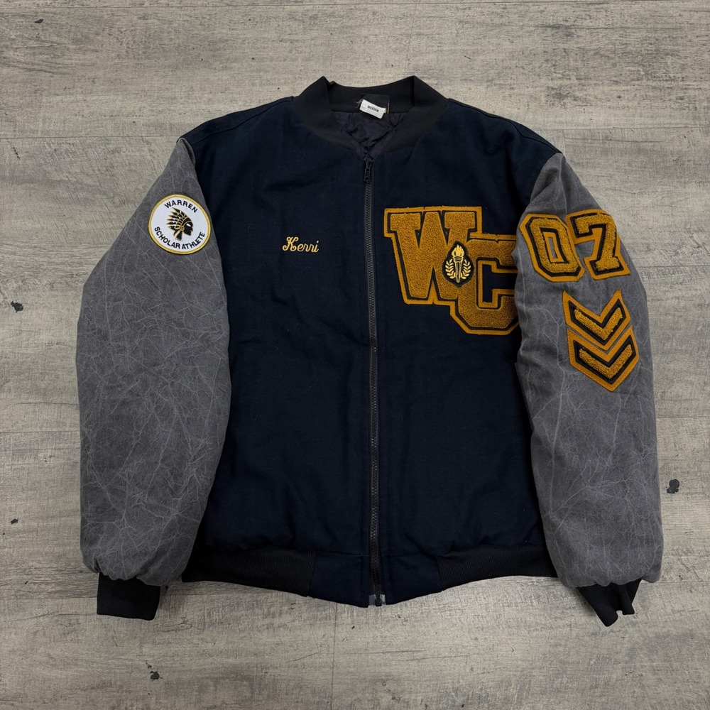 Vintage Varsity Jacket Men's‎ Medium Black Grey Indian Head Athlete 2007 Patch